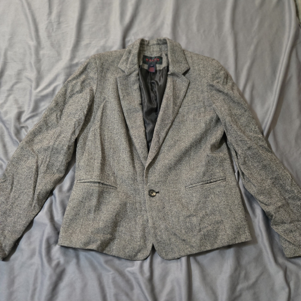VINTAGE Ralph By Ralph Lauren Grey Wool Blazer Jacket Womens Medium Shoulder Pad
